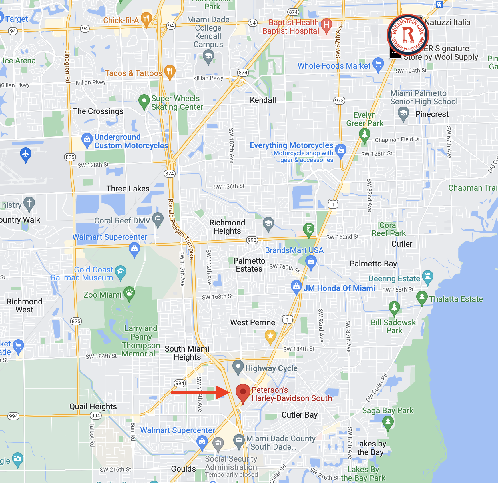 Map to Peterson H-D South with Rubenstein Law Logo 