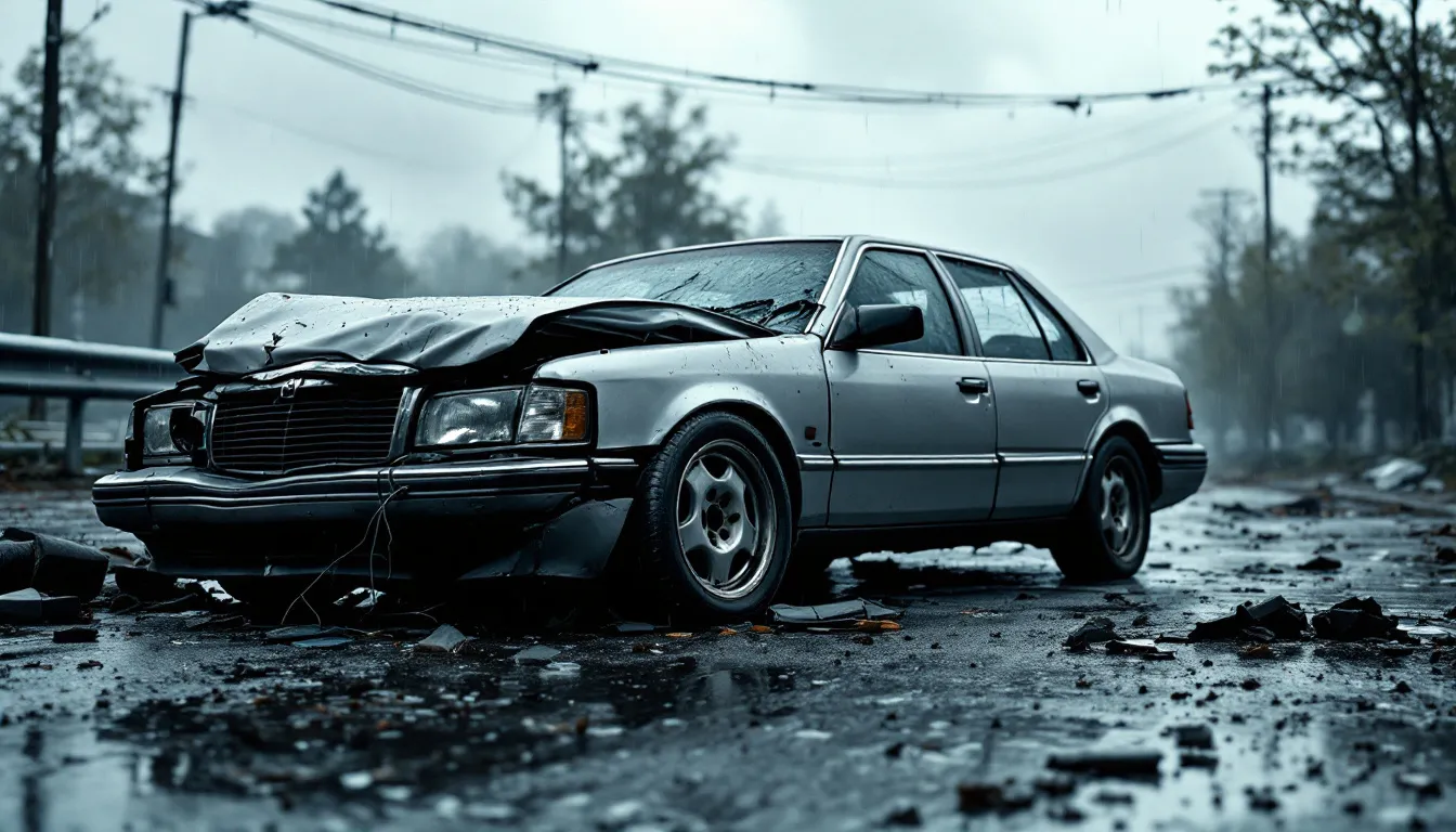 An accident scene showing a damaged car after a collision.